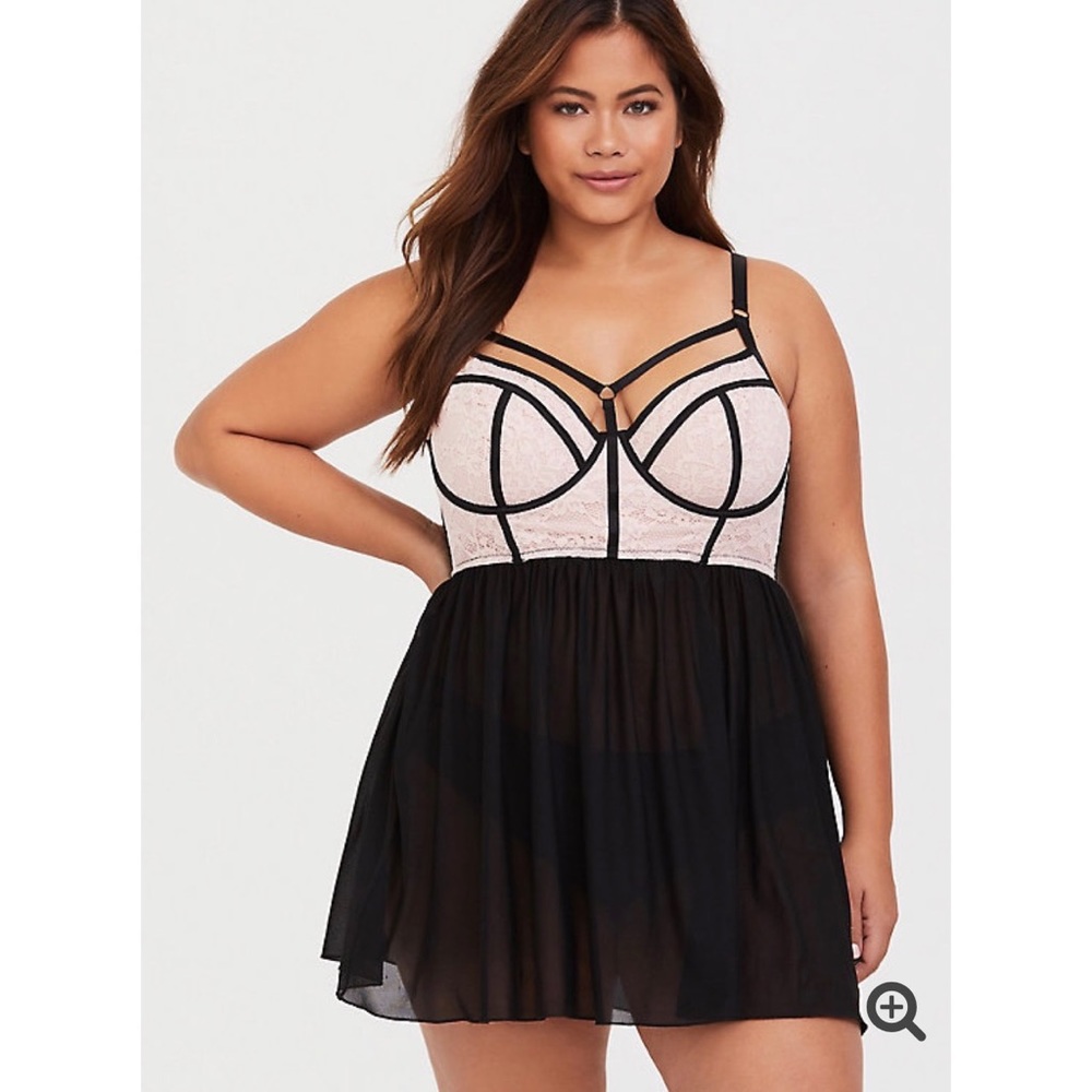 Black & Light Pink Lace Mesh Underwire Babydoll